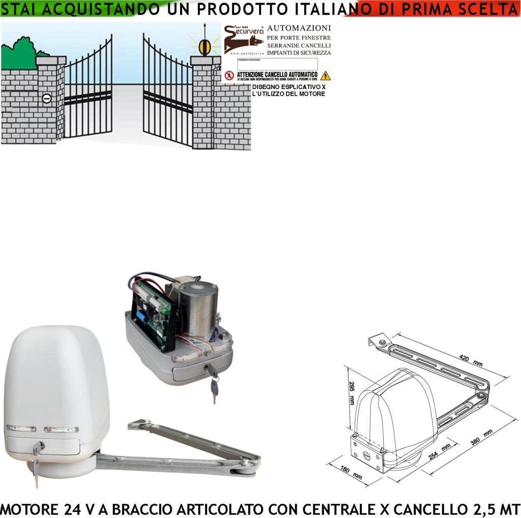 BRACCIO ARTICOLATO MOTORE 220/24 V CON CENTRALE CANCELLO AUTOMATICO 1/2 ANTE BATTENTI DA 0,5 FINO A 2,5 MT RICAMBIO UNIVERSALE SPINTA 250 NM