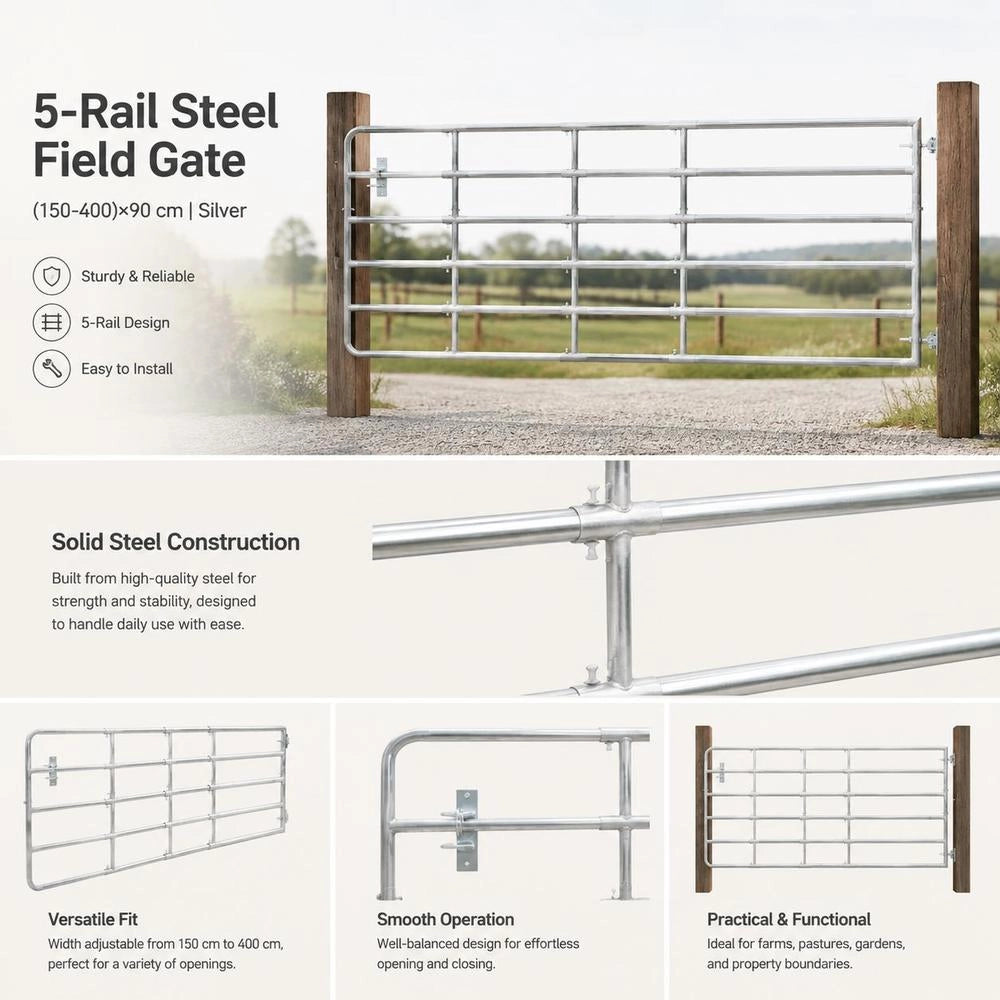 5-pipe Pasture Gate Steel (150-400)x90 Cm Silver