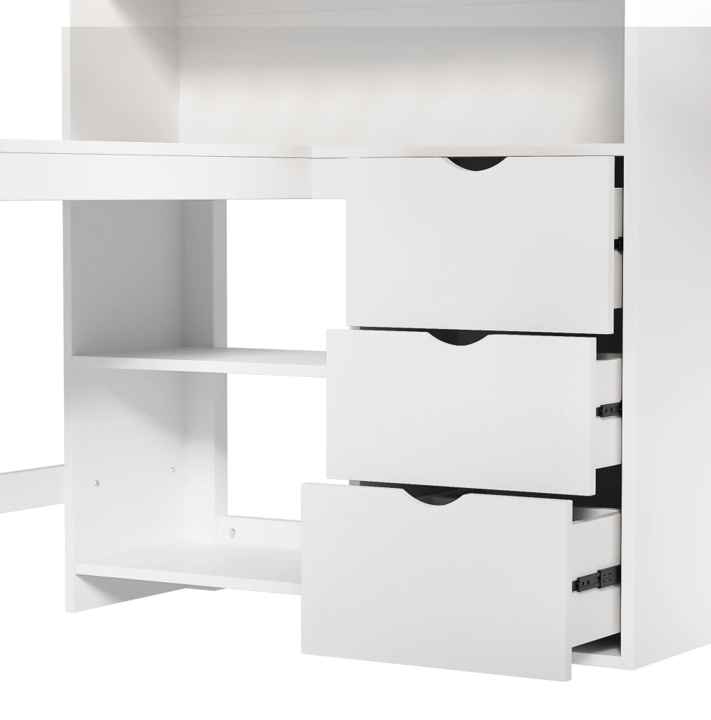 Letto a soppalco 140x200 cm in legno di pino e MDF; bianco; con scrivania; scala e cassetti