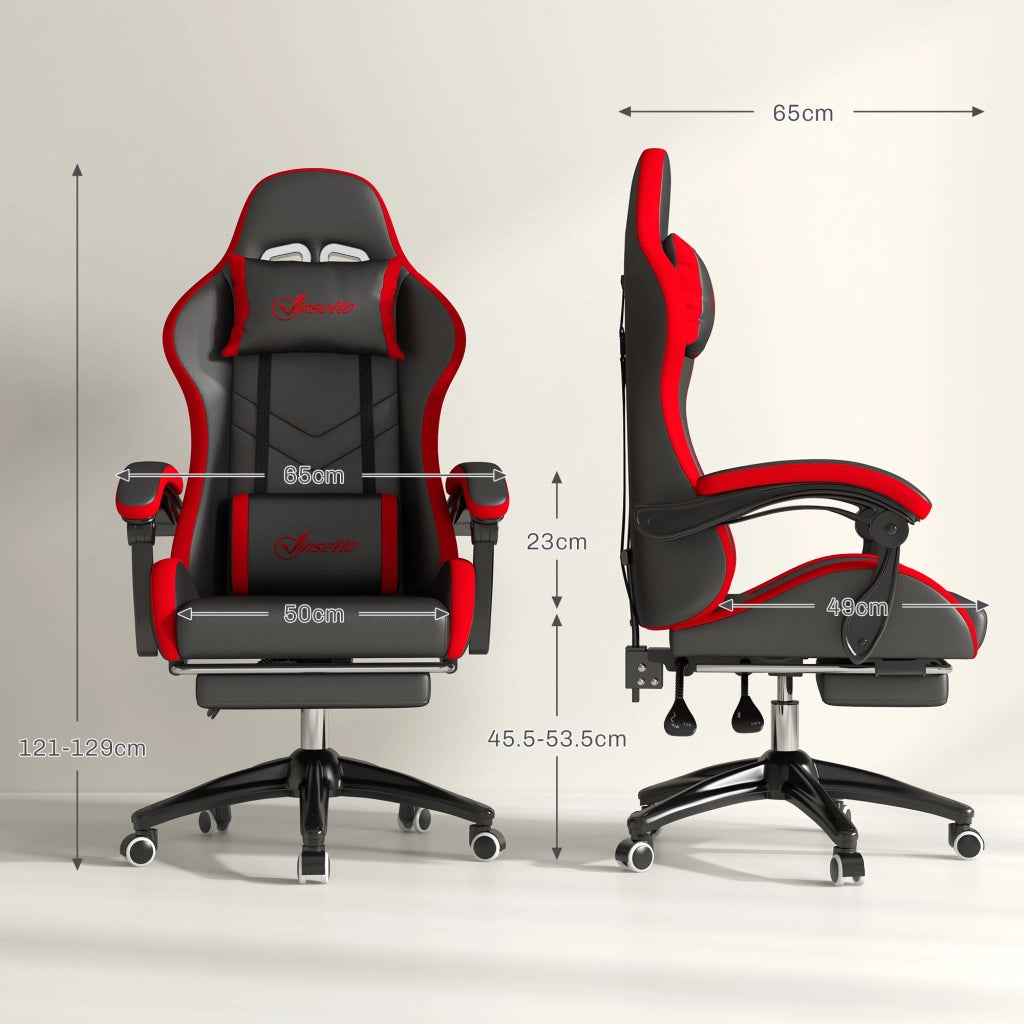 Sedia da Gaming con Altezza Regolabile e Schienale Reclinabile, 65x65x121-129 cm, Nero e Rosso