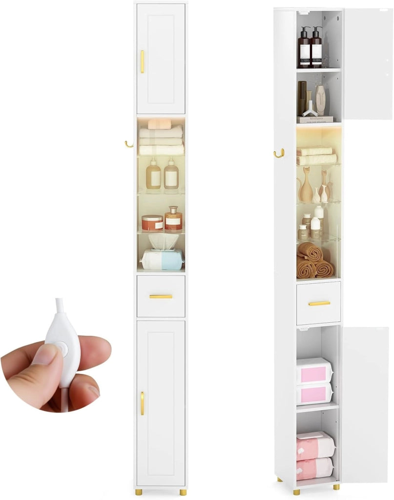 Mobile Bagno Salvaspazio con Luce, Colonna Bagno con Scomparti Aperti in Vetro, Ripiani Regolabili, 1 Cassetto e Gancio Laterale per Spazi Ridotti 20 x 20 x 181 cm (4 Ripiani con Luce, BIanco)