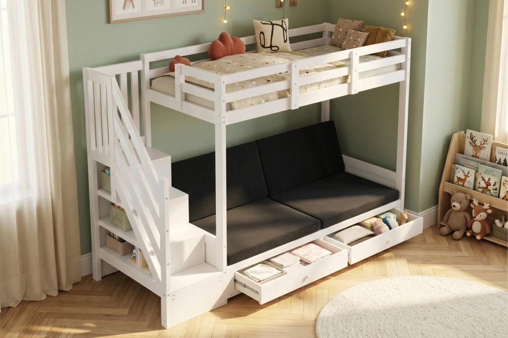 LETTO a soppalco multifunzione 90x200 cm Bianco in legno massello e MDF