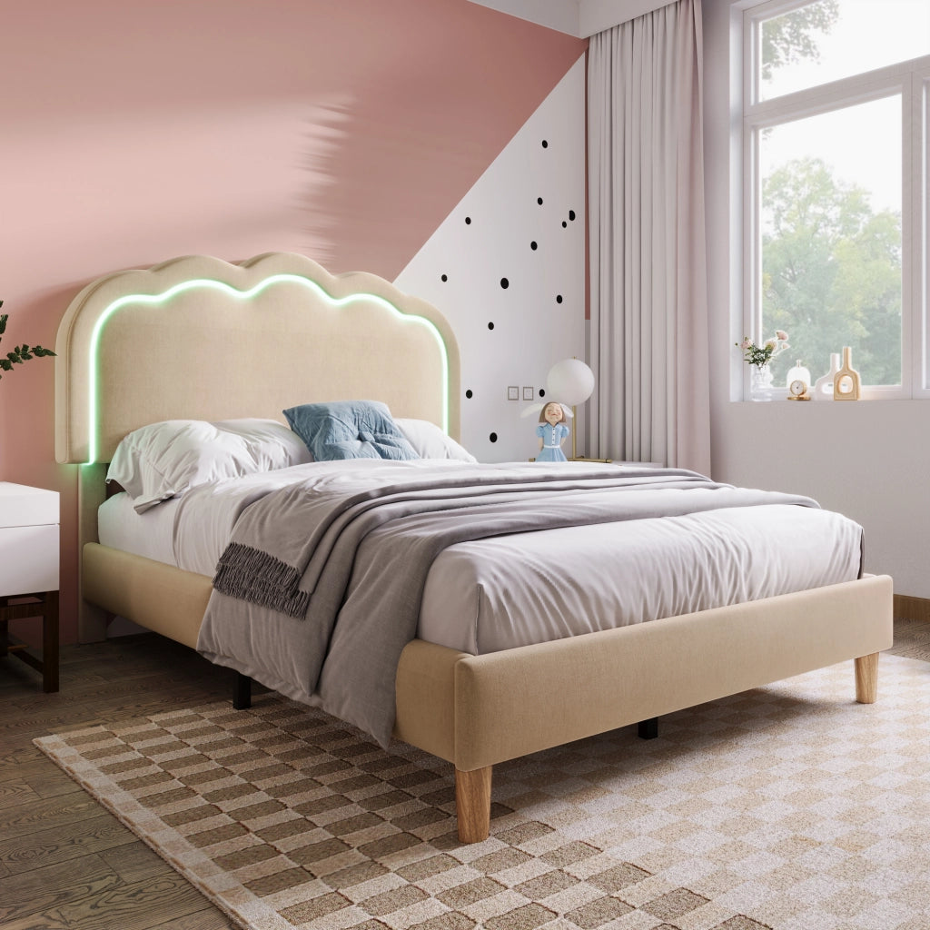 Letto Singolo 90 × 200 cm con Testiera Regolabile e LED; senza Materasso; in Lino; Beige