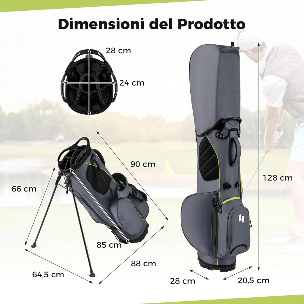 Borsa da Golf con Divisori Superiori a 8 Vie & 5 Tasche con Cerniera, Tracolla Regolabile a Doppia Spalla, Cappuccio Antipioggia e Portombrelli, Sacca da Golf per Donna e Uomo
