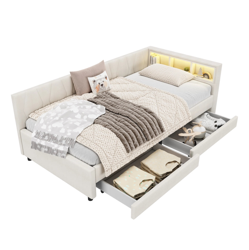 Letto singolo 90x200 cm; LED con USB e Tipo C; 2 cassetti e vani; lino e MDF beige (Senza materasso)