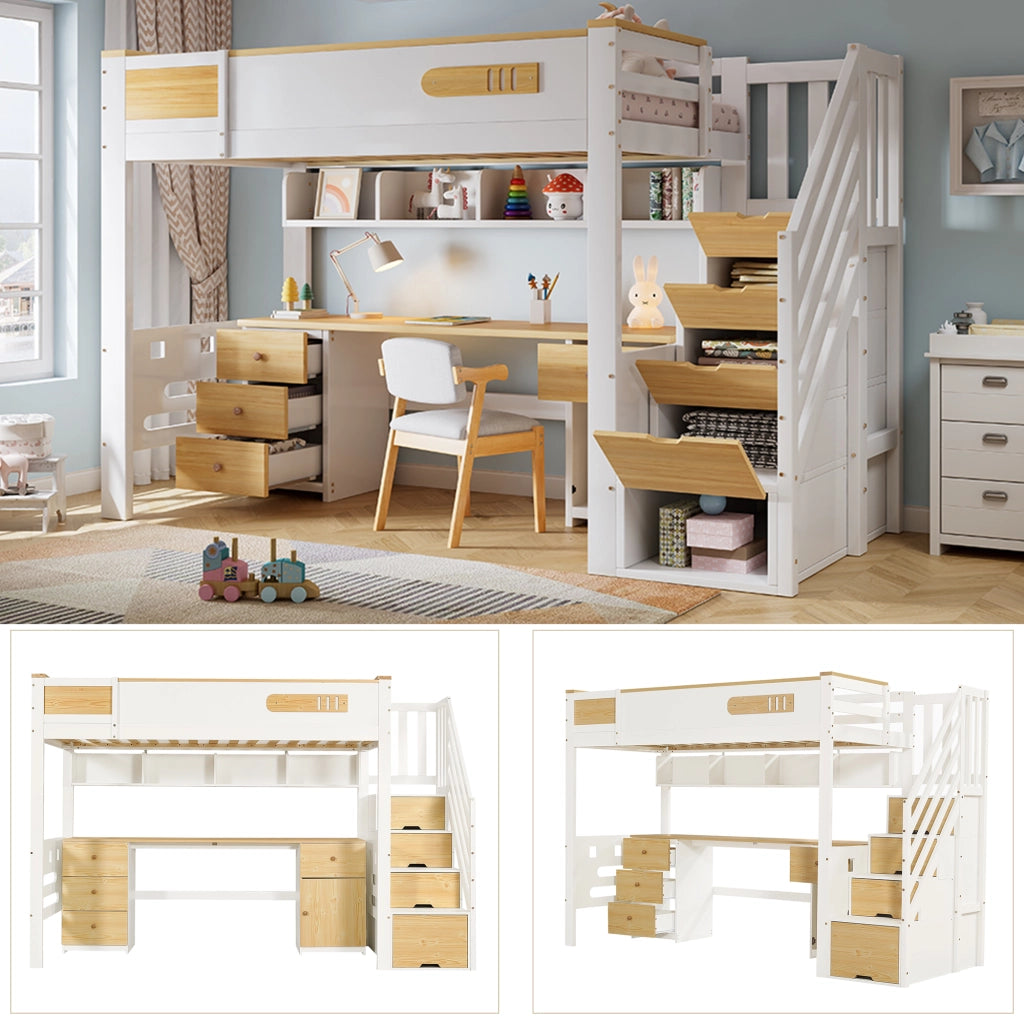 Letto a soppalco singolo 90 × 200 cm con scrivania, cassetti, ripiani e scala contenitore, senza materasso, bianco naturale