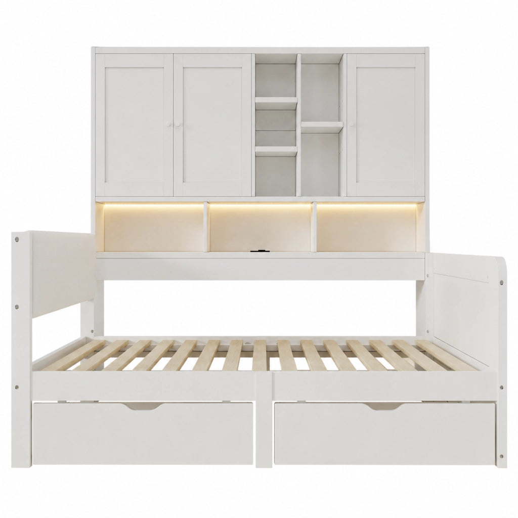 Letto per bambini 90x200 cm con LED e USB, letto a divano a L con testiera in PU, cassetti contenitore, ripiani e armadio, legno bianco