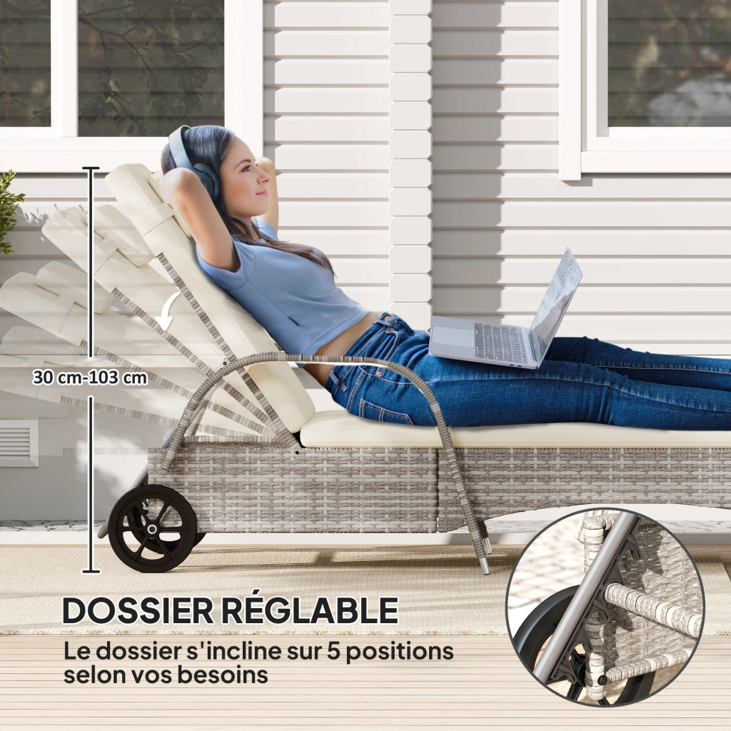 Lettino da spiaggia regolabile con materasso e rotelle ¨C zephmum ¨C grigio chiaro 200x73x30-103 cm