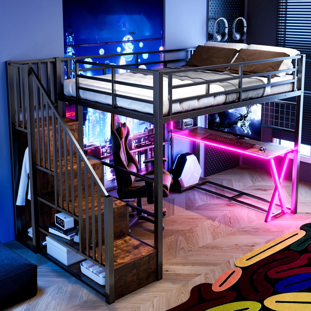 Letto a soppalco 140 x 200 cm con scrivania, armadio, scaffali e luci
