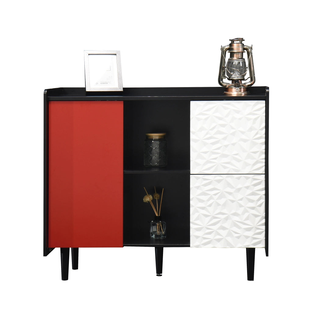 Credenza con 2 cassetti e vano aperto in MDF nero e rosso per soggiorno e sala da pranzo 40 × 90 × 80 cm