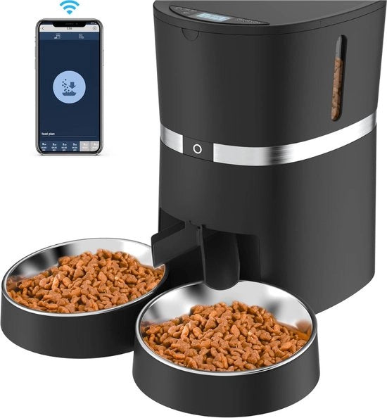 Dispensatore automatico per animali - Kit dispensatore - Dispensatore intelligente alimenti - 4L - Programmabile - Per cani e gatti - In acciaio inossidabile - Con Wi-Fi - Con registratore vocale - Bianco