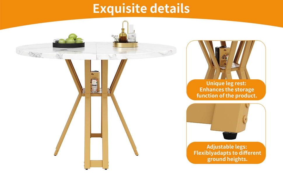 Tavolo da Pranzo Rotondo ¨C MINIMAL ¨C Piano Effetto Marmo MDF, Gambe Oro, 100x100x76 cm