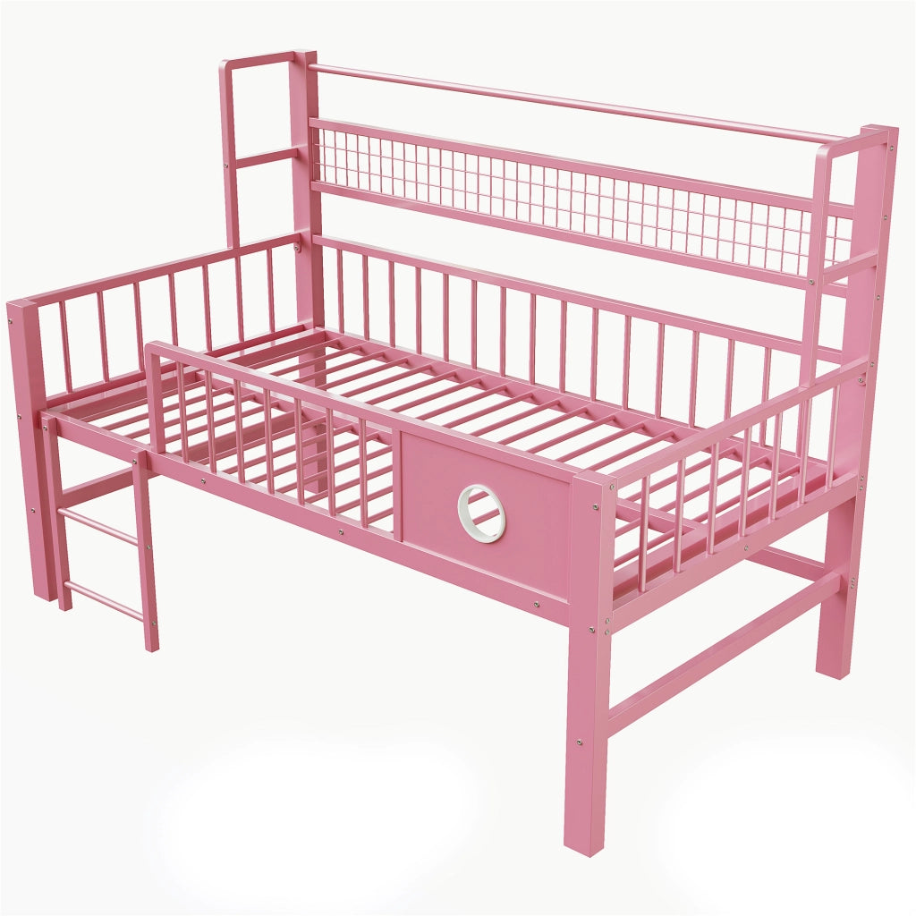 Letto a soppalco basso per bambini 90 × 200 cm con gitter di sicurezza, asta appendiabiti, ripiano a rete, senza materasso, metallo rosa