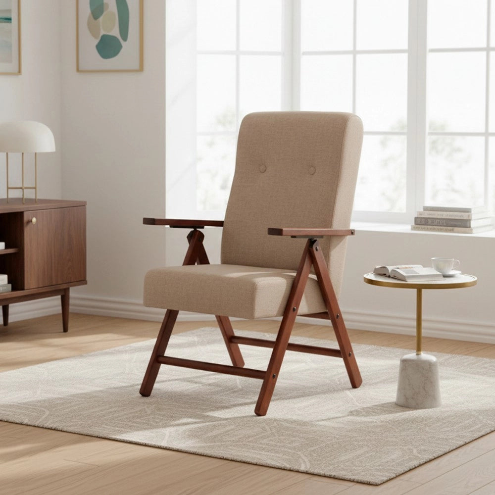 Poltrona Pianosa Regolabile 4 Posizioni in Legno di Faggio Noce e tessuto Beige – Comfort e Relax Quotidiano