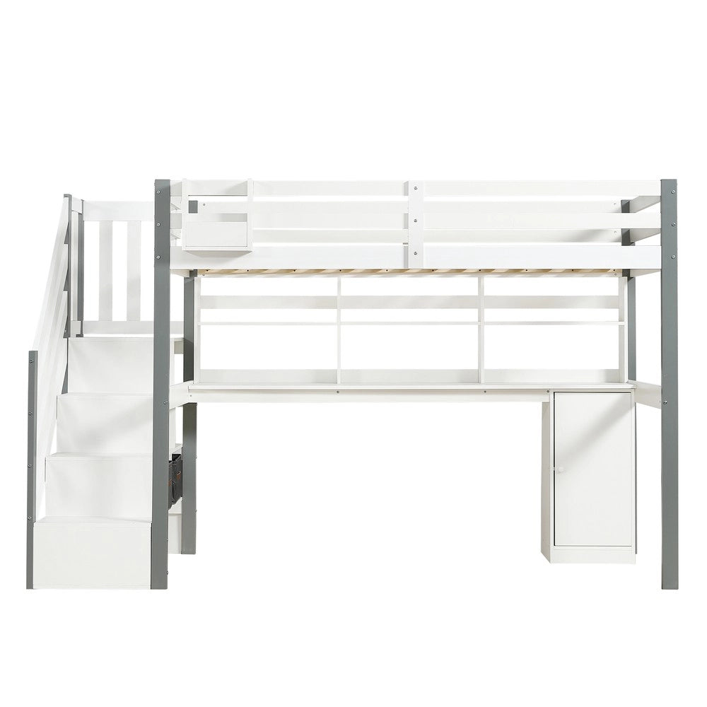 Letto a Soppalco con Scrivania e Contenitore ¨C MINIMAL ¨C Pino e MDF, Bianco e Grigio, 90x200