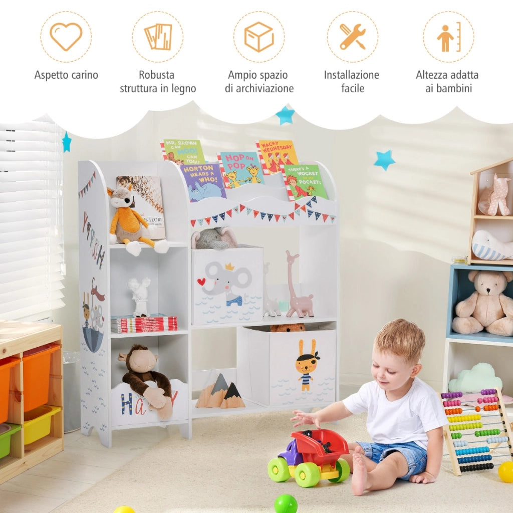 Armadio a 3 livelli con 5 scompartimenti e 2 cassetti, Organizer per bambini per giocattoli e libri Bianco-Scaffalature