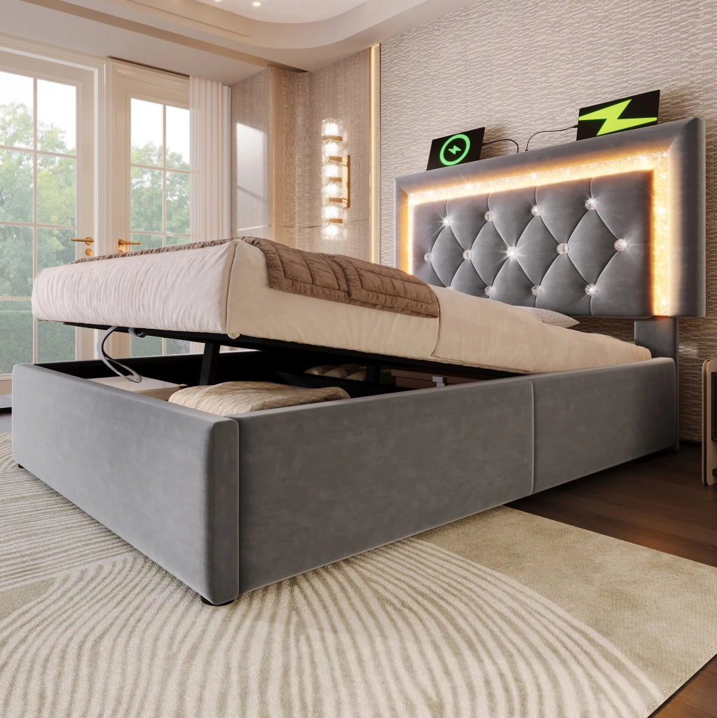 Letto imbottito con luce LED, ricarica USB e contenitore idraulico, grigio 90x200 cm