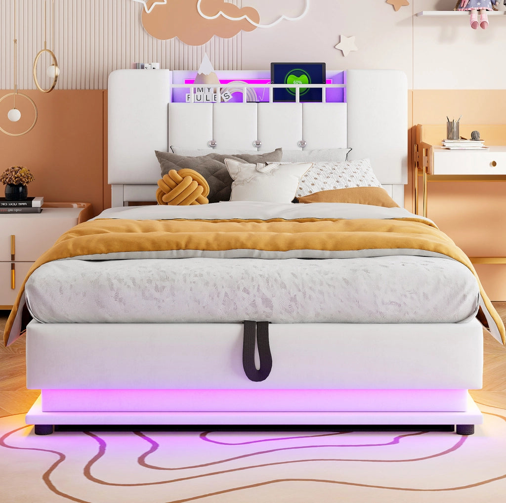 Letto imbottito per bambini 90x200 cm con LED; USB e contenitore idraulico; beige