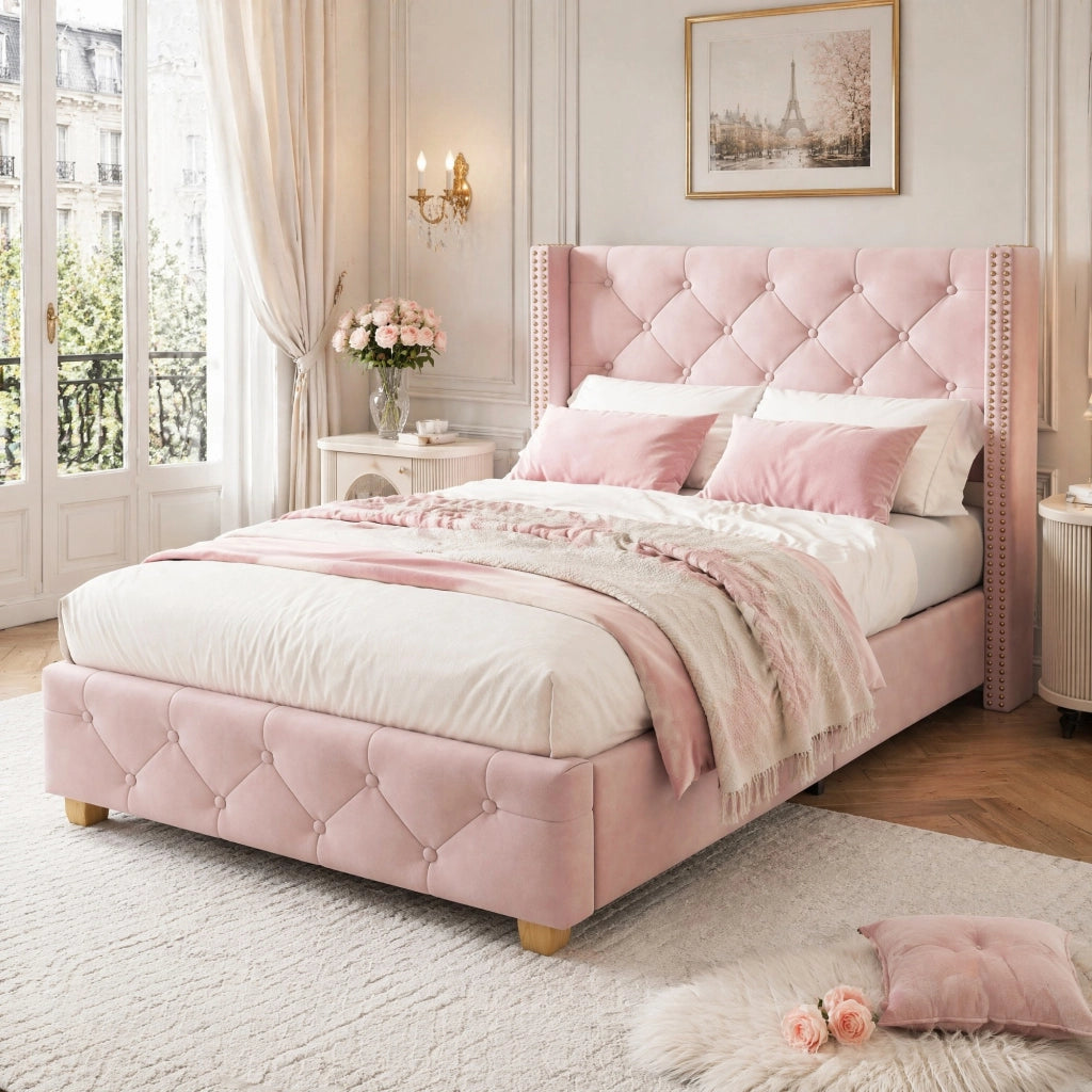 Letto singolo imbottito 90x200 cm in velluto rosa con rete