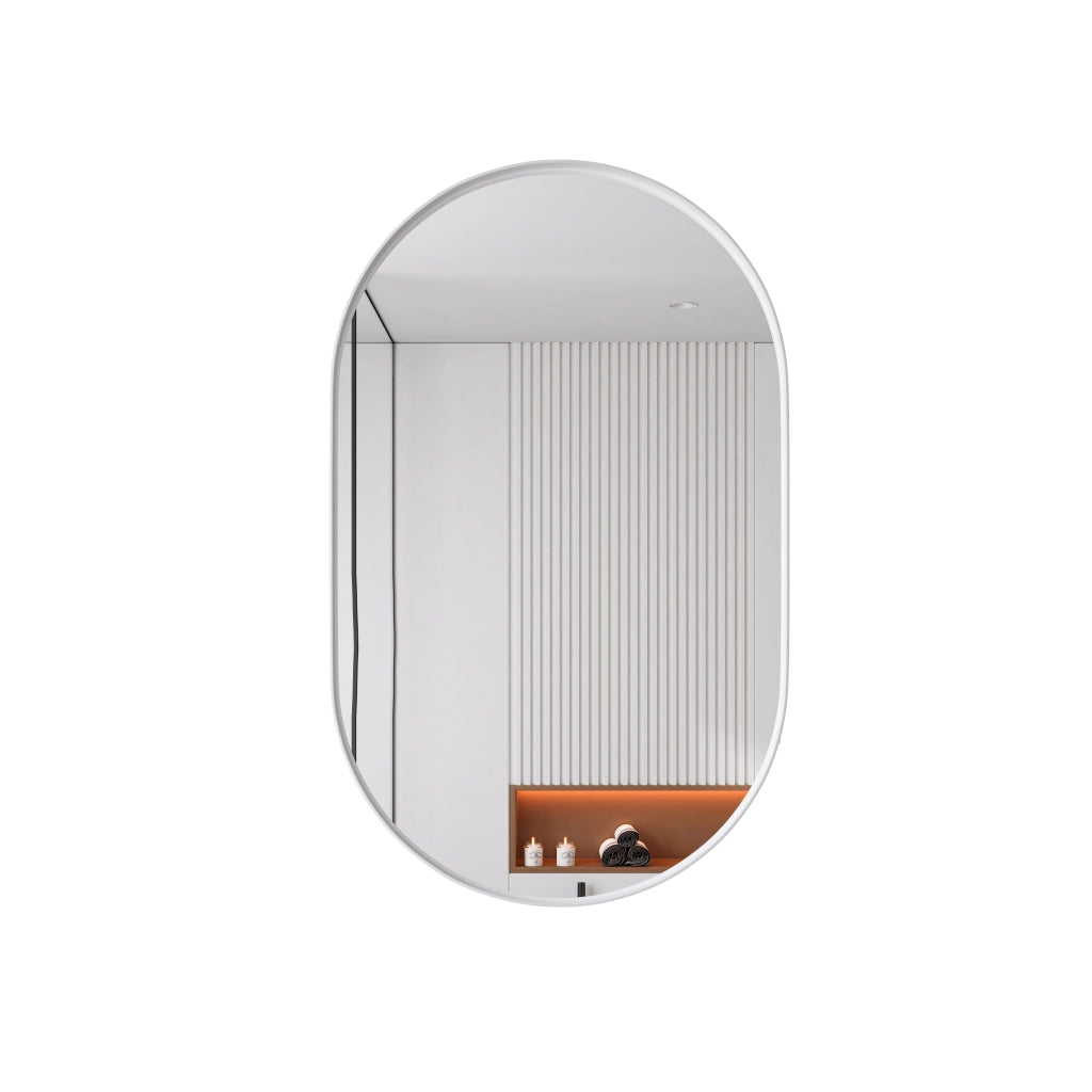 Armadietto a specchio ovale con telaio in metallo e 2 ripiani regolabili da parete o incasso per bagno bianco