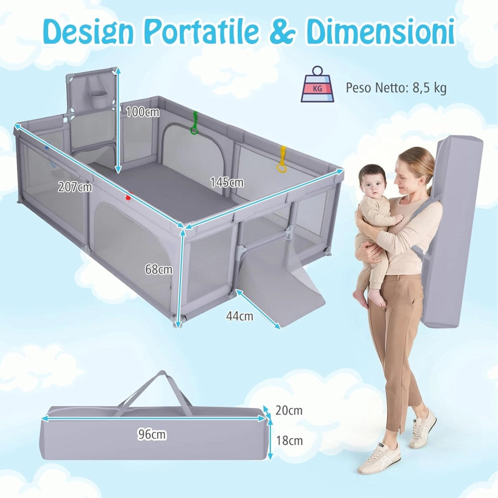 Box Neonati 210 x 150 cm, Recinto Bambini Pieghevole con Canestro da Basket e 2 Porte da Calcio, Parco Giochi con 50 Palline, 4 Anelli e Borsa Trasporto, per Bambini 0-3 Anni (Grigio)
