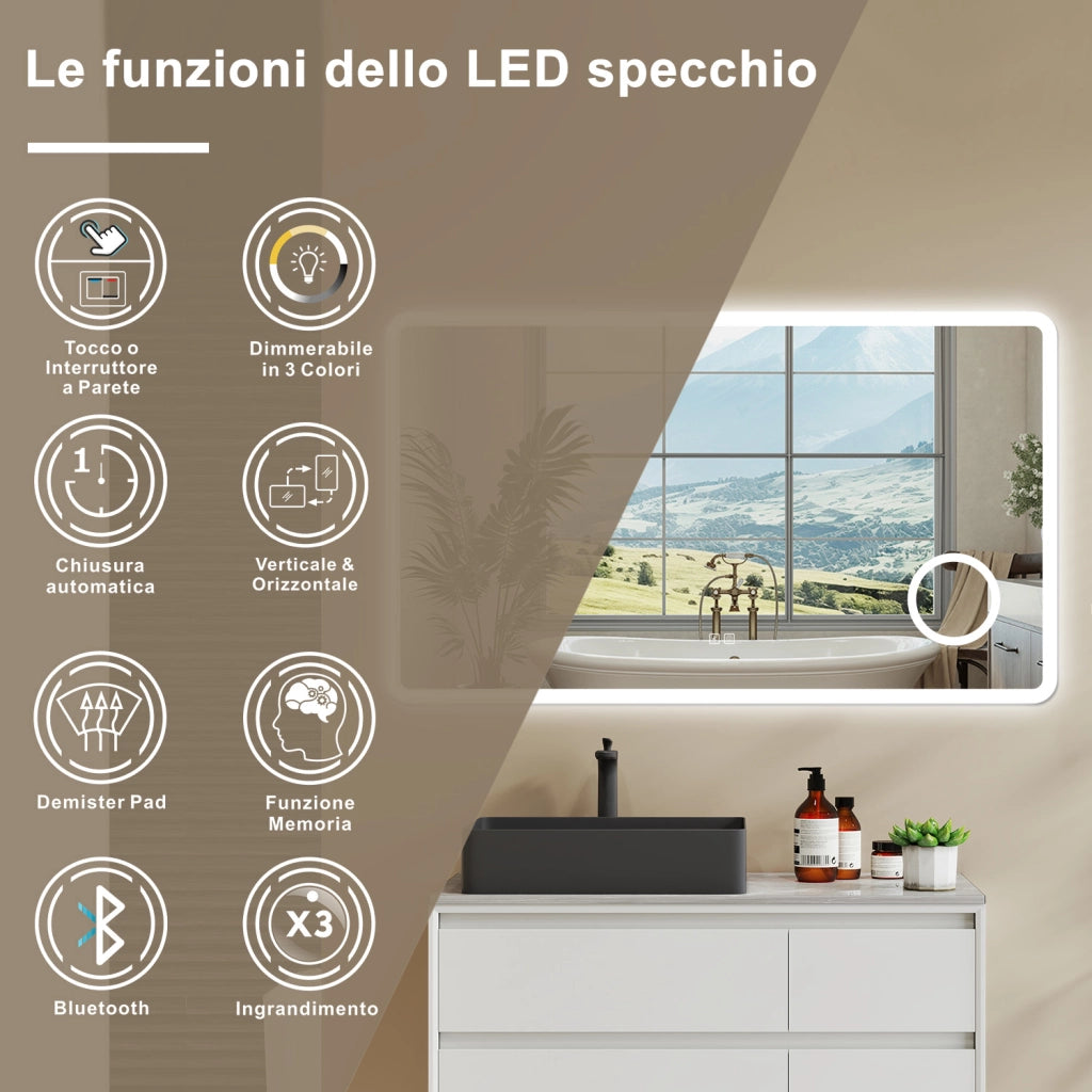 Aica 100x60cm Specchio da bagno Bluetooth antiappannamento, 3 colori dimmerabili, lente d'ingrandimento 3X