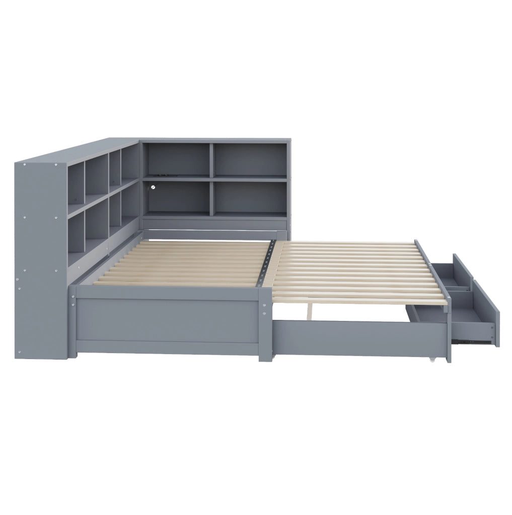 Letto singolo estraibile in legno con contenitori, cassetti e presa multifunzione