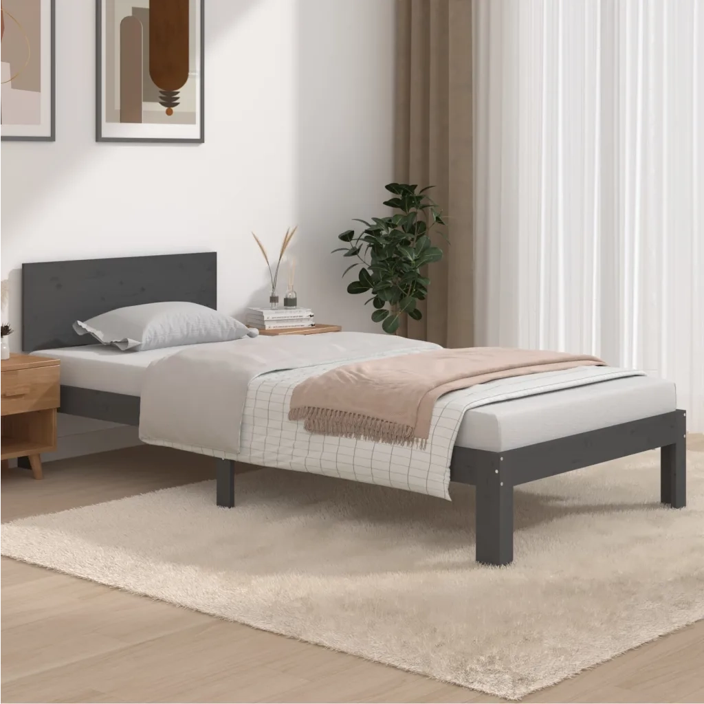 Letto singolo | Letto per adulti | Giroletto Grigio in Legno Massello di Pino 90x200 cm