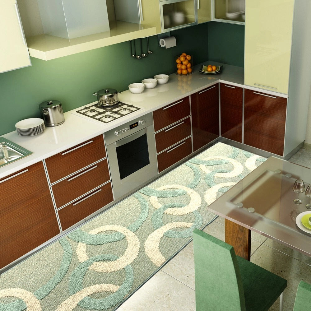 Tappeto Cucina 57x145 Cm Tridimensionale Cerchi 3D Assorbente Morbido Moderno Antiscivolo Verde