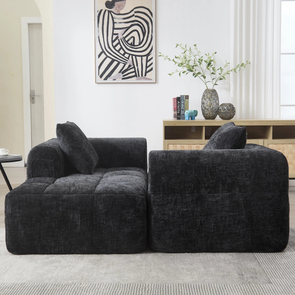 Chaise longue moderna in chenille nera, con tasche laterali, cuscino incluso, 158×90×60 cm