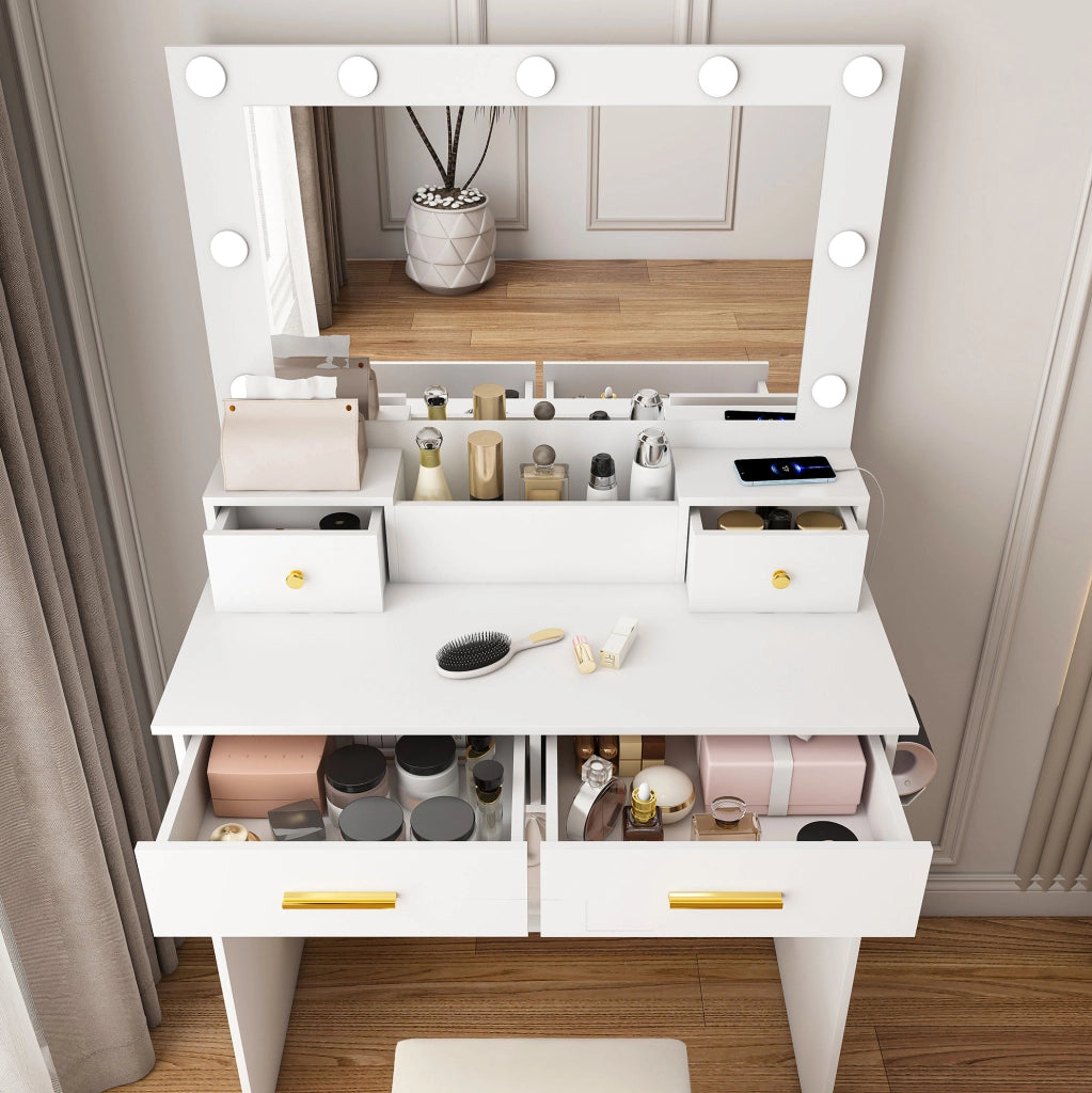 Tavolo da trucco con specchio LED a 3 tonalità; presa elettrica e sgabello imbottito; bianco