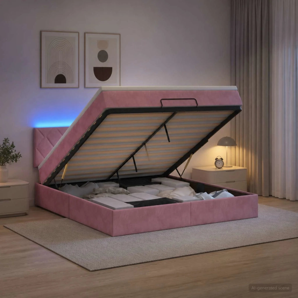 Letto Ottomano con Materasso e LED Rosa 140 x 200 cm Velluto 3457220