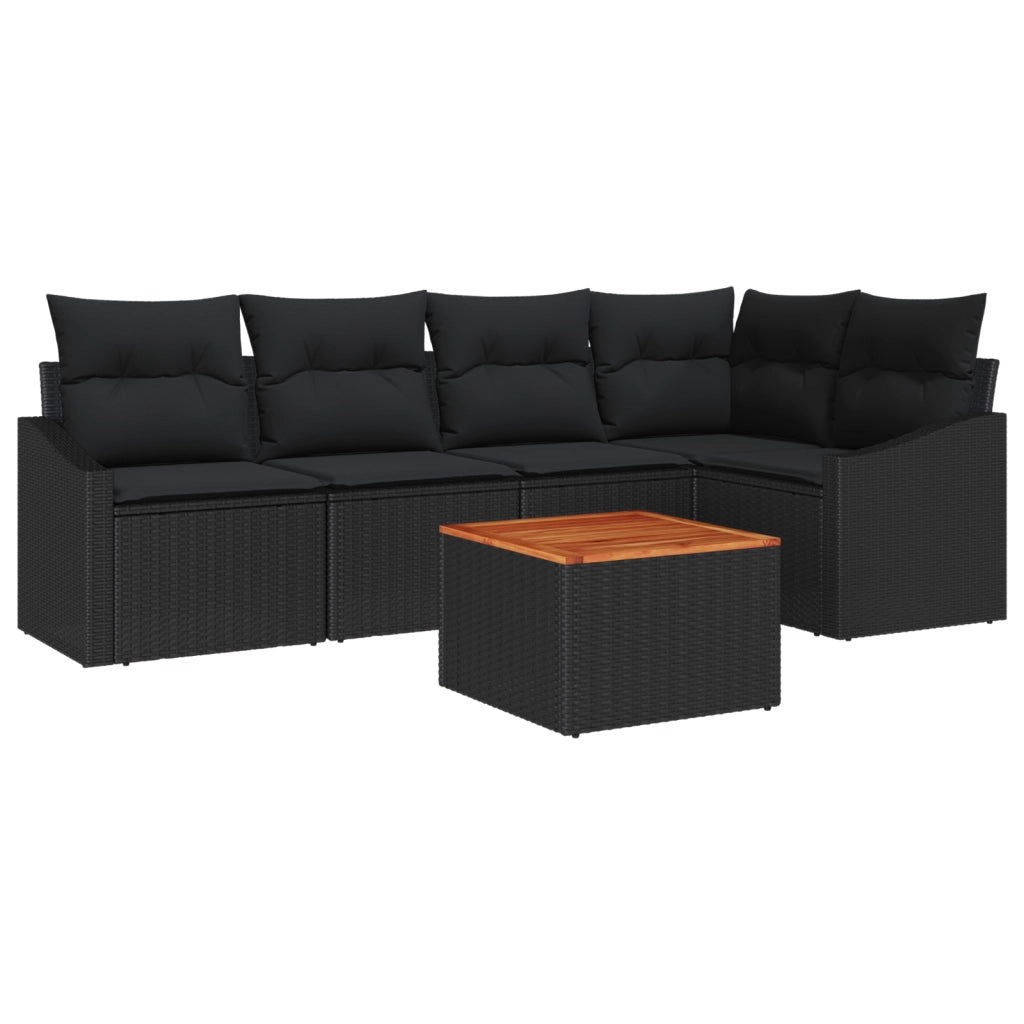 Set di divani da giardino da 6 pezzi con cuscini in polyrattan nero e acacia