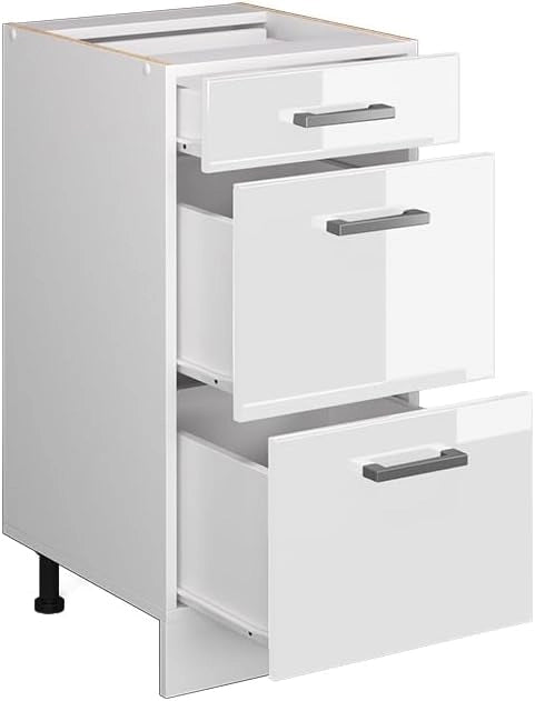Mobiletto base per cucina R-Line, Bianco lucido, 40 cm con cassetti, senza piano di lavoro, per la libera combinazione all'interno di sistemi cucina modulari