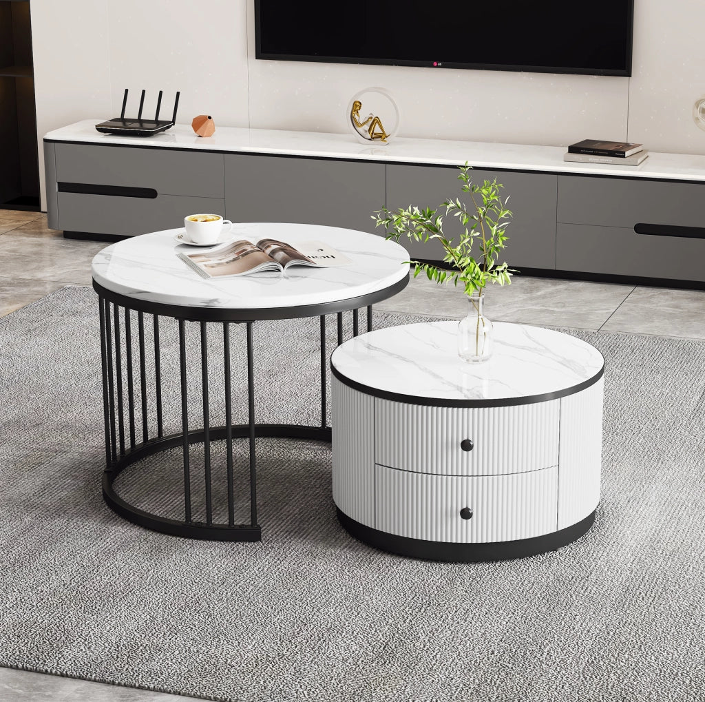 Set di 2 tavolini da caffè rotondi con finitura effetto marmo lucido; bianco e nero; MDF