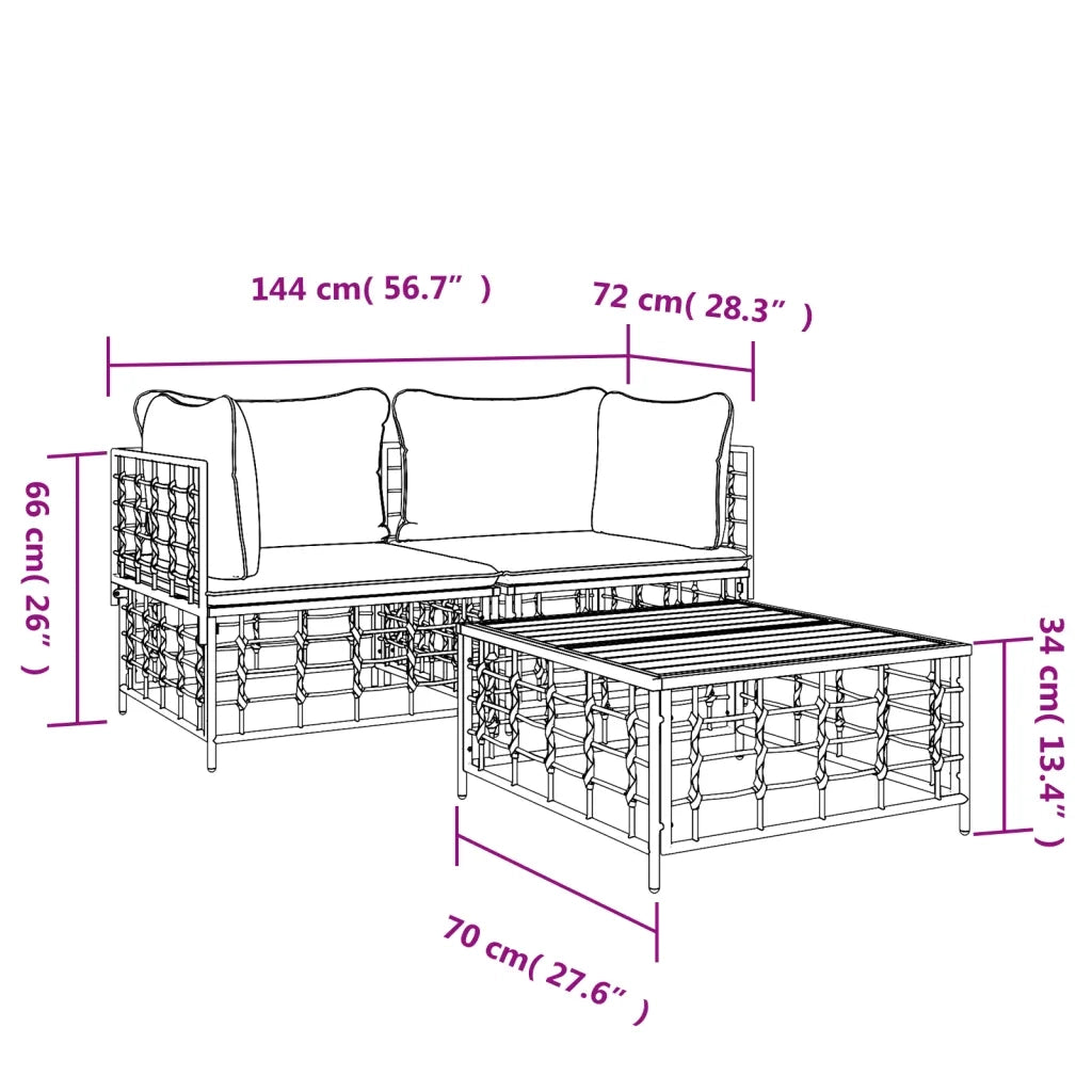 Set Divani da Giardino 3 pz | Set Salotto da Giardino con Cuscini Antracite in Polyrattan
