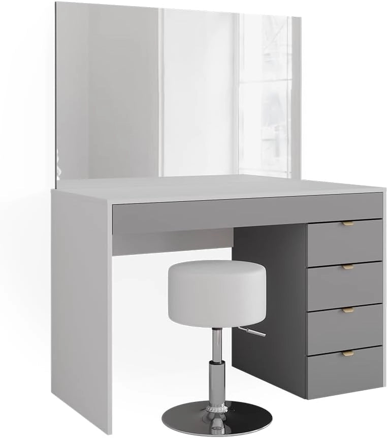 Tavolo da toeletta Elise, Bianco/grigio/grigio, 115 cm con sgabello, con sgabello regolabile in altezza e girevole a 360°