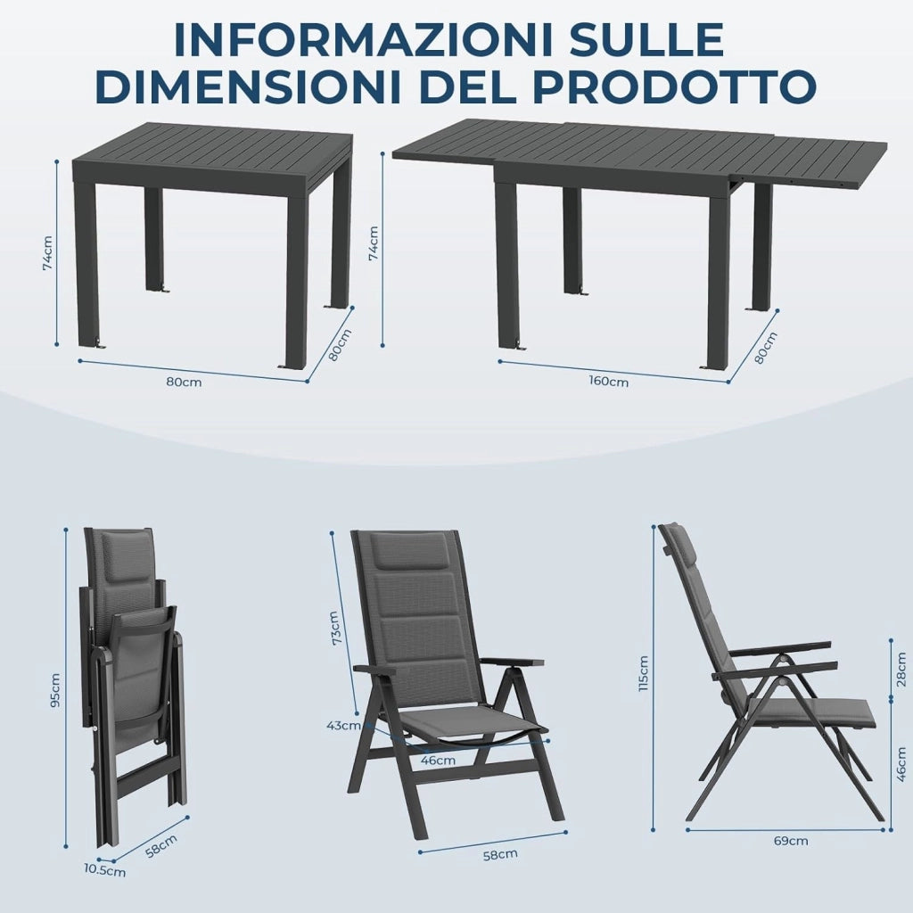 Set Tavolo e Sedie da Giardino 7 Pezzi, Composto da 1 Tavolo in Alluminio e 6 Sedie Pieghevoli, Tavolo da Giardino Allungabile (80/160 cm), Set Tavolo e Sedie da Esterno, Grigio