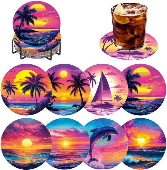 Pittura a Diamanti Onderzetters Paesaggio, 8 Pezzi di Onderzetters per Pittura a Diamanti con Supporto, Immagini di Tramonto per Pittura a Diamanti Mare Estate Diamanti Onderzetters per Attività di Crea per Adulti