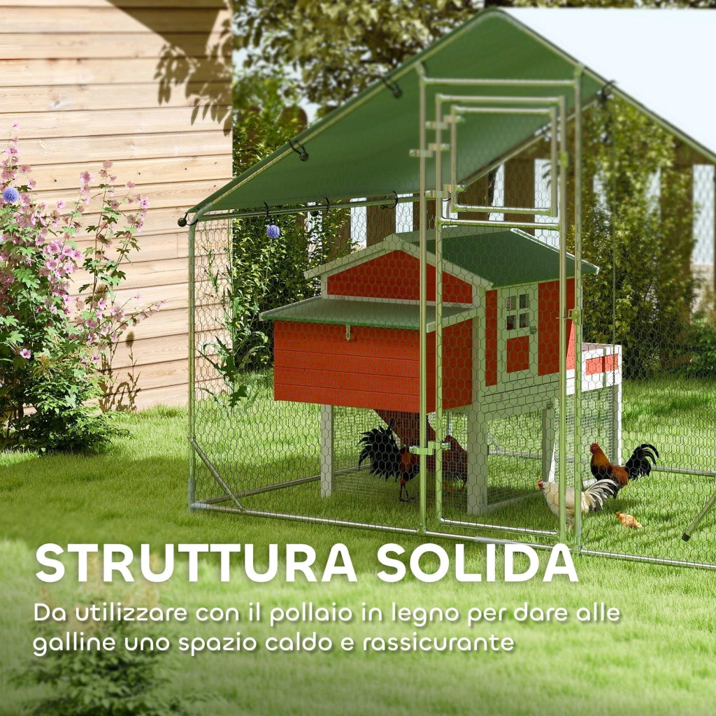 Recinto per Galline da 6 mq 300x200x195 cm per 6-8 Animali con Tetto Impermeabile Mangiatoia e Posatoio Argento