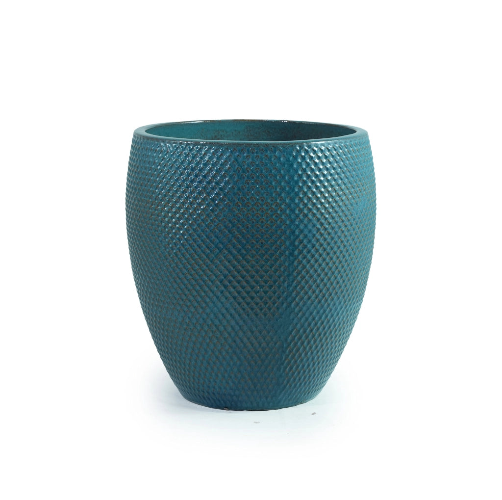 Vaso per piante grande in ceramica turchese diametro 46 cm con rilievo a rombi e drenaggio