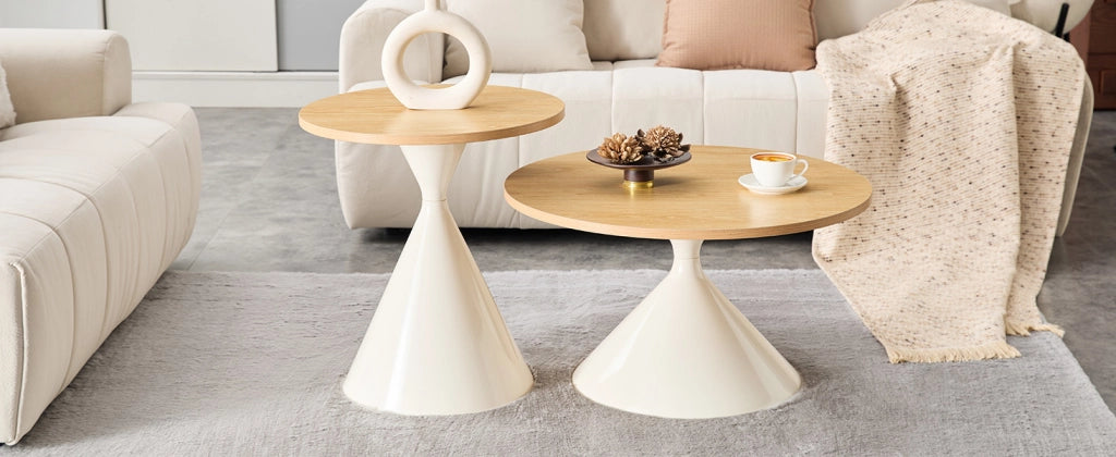 Tavolini bassi impilabili set 2 con piano in melamina effetto legno e base conica in acciaio per soggiorno