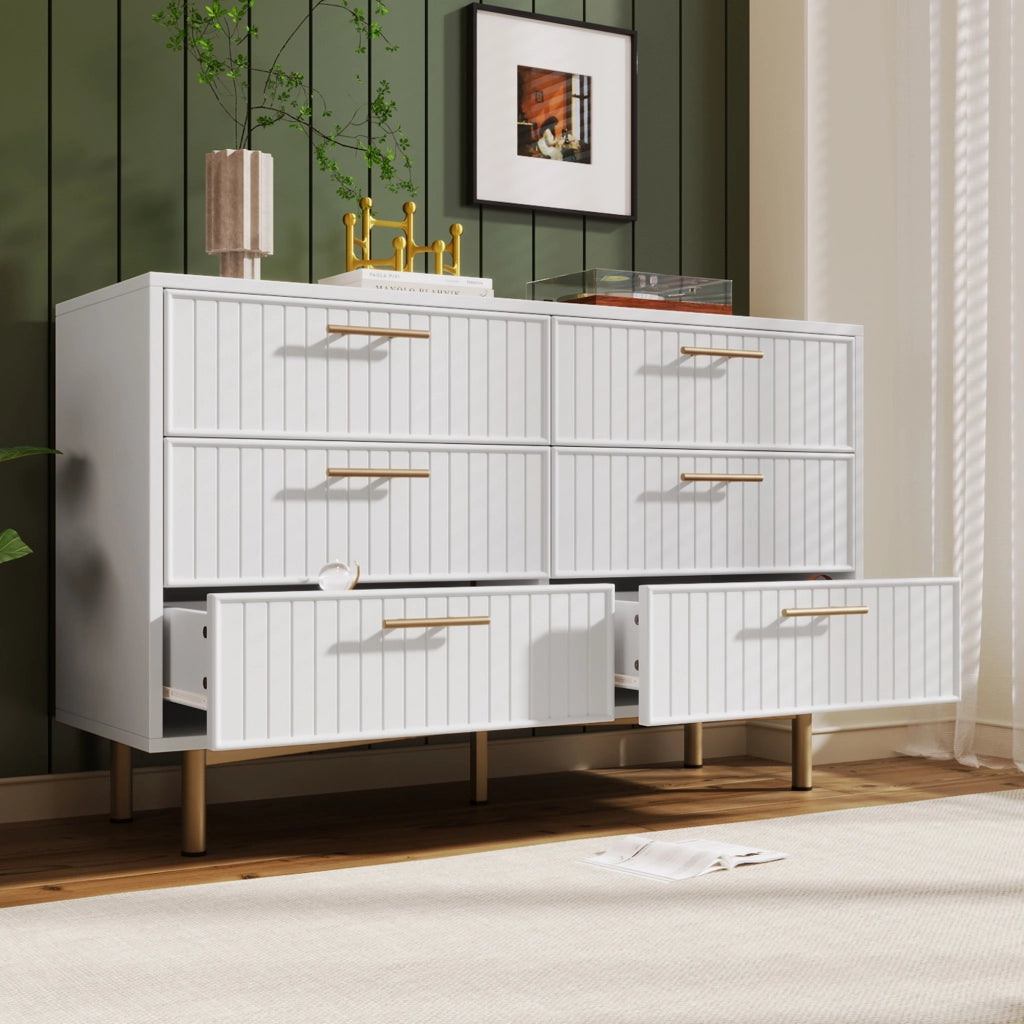 OKWISH Cassettiera con 6 Cassetti, Frontali Scanalati e Base in Metallo, per Camera o Soggiorno, 120×40×75 cm, Bianca