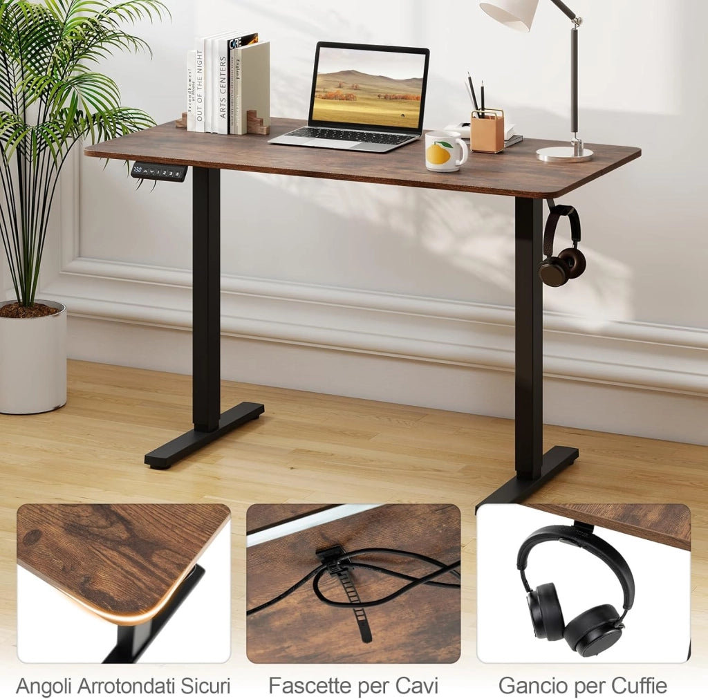 Scrivania Elettrica Ergonomica 120 x 60 cm, 3 Memorie di Altezza, Protezione Anti-Collisione e Gancio per Cuffie, Scrivania Regolabile in Altezza per Ufficio e Casa (Marrone)
