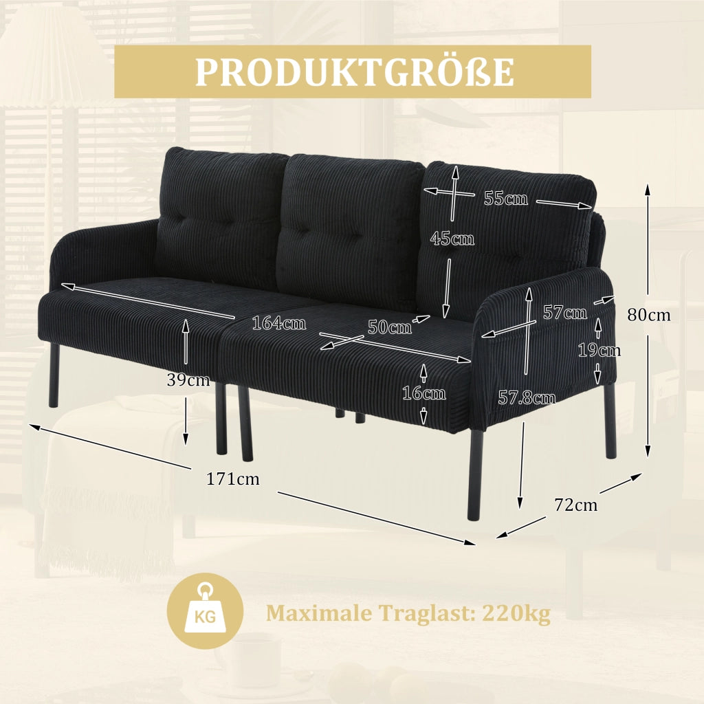 Divano a tre posti in velluto a coste con schienale ergonomico, tasca laterale e struttura in metallo nero 171 × 72 × 80 cm
