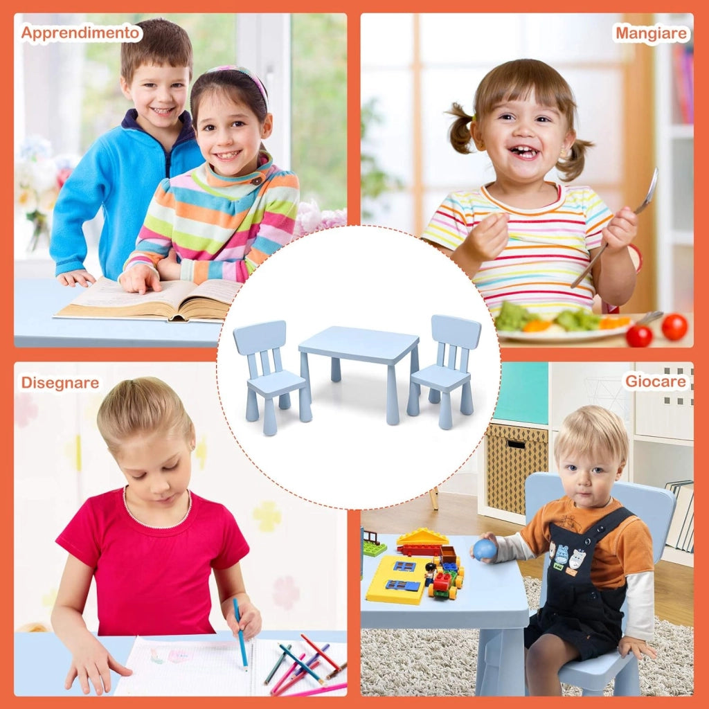 Set Tavolo e Sedie per Bambini 1-7 Anni, 2 Sedie Ergonomiche con Schienale, Materiale PP Atossico e Inodore, Angoli Arrotondati, Adatto per Giocare, Disegnare e Leggere, Portata 50kg (Blu)