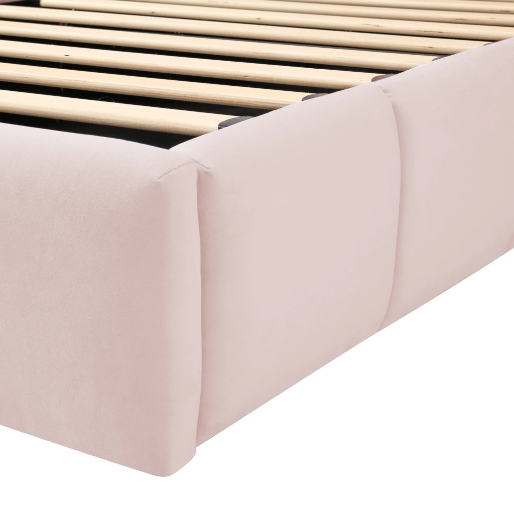 Letto imbottito singolo 90x200 cm con contenitore idraulico; USB Type-C; velluto rosa