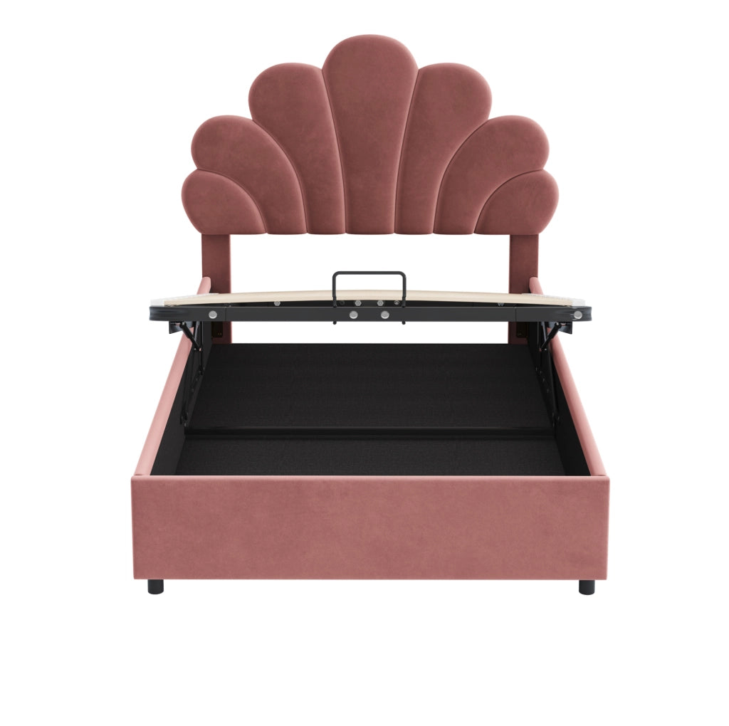 Letto imbottito 90 x 200 cm in velluto rosa con testiera floreale e contenitore idraulico