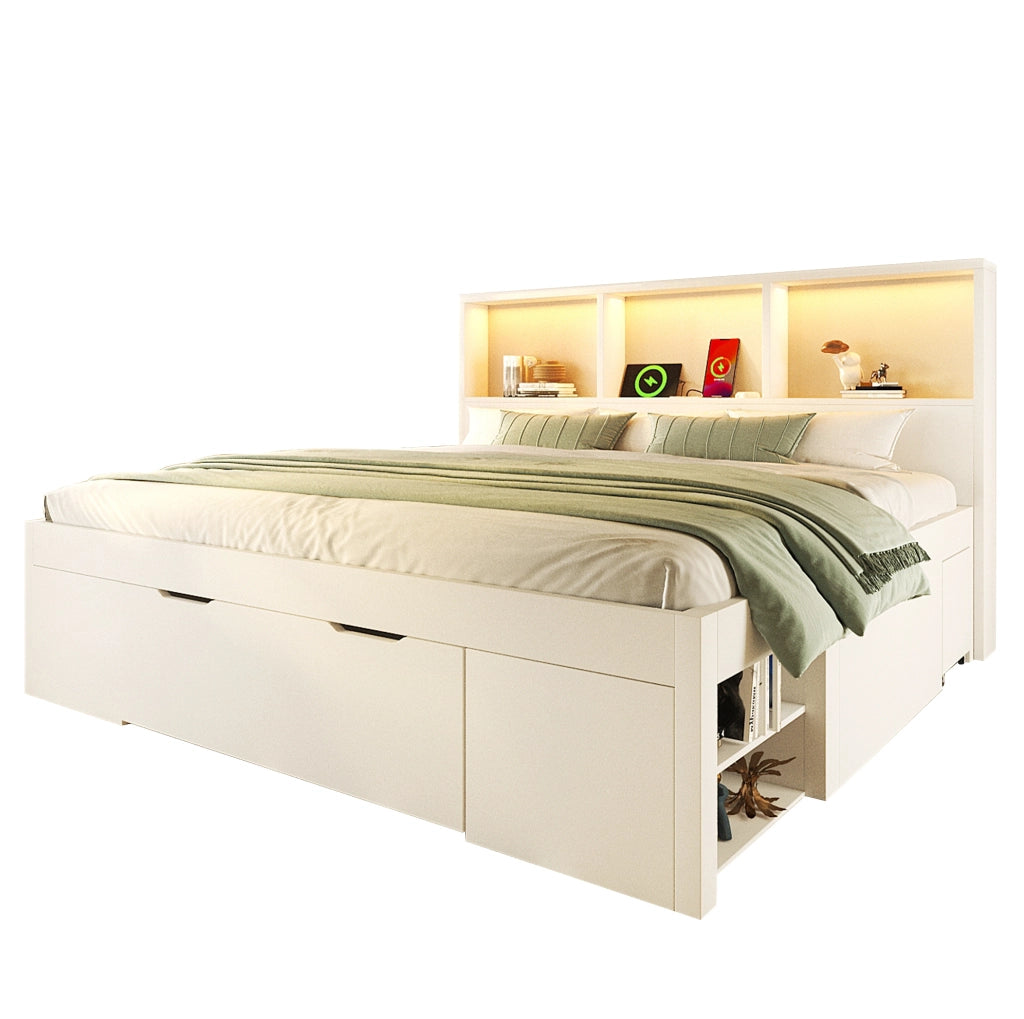 Letto matrimoniale 140x200 cm in legno bianco con LED; USB Type-C; comodini mobili e contenitore