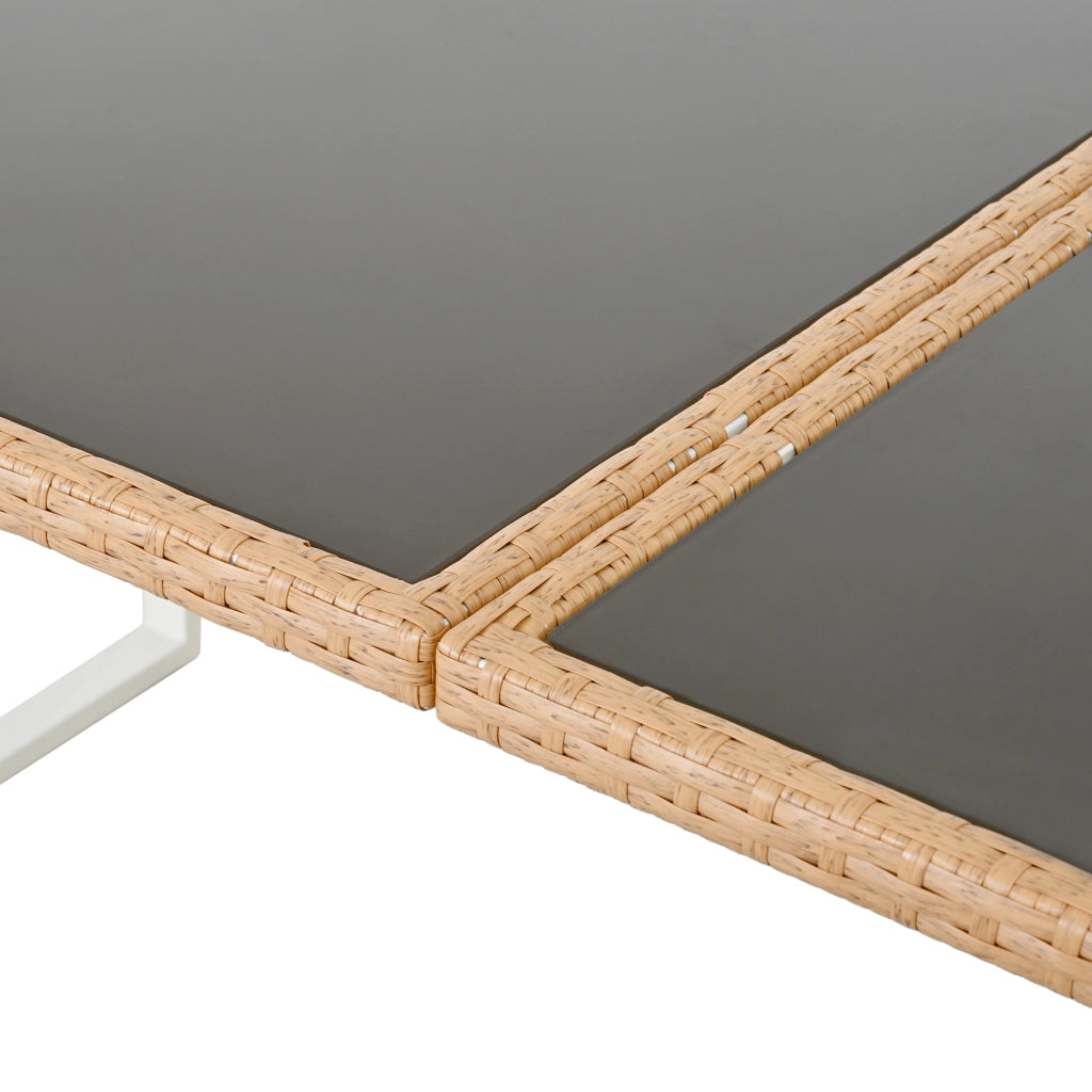 Set tavolo e sedie da esterno 1 tavolo + 6 sedie con cuscini in rattan sintetico; vetro e tessuto marrone e bianco